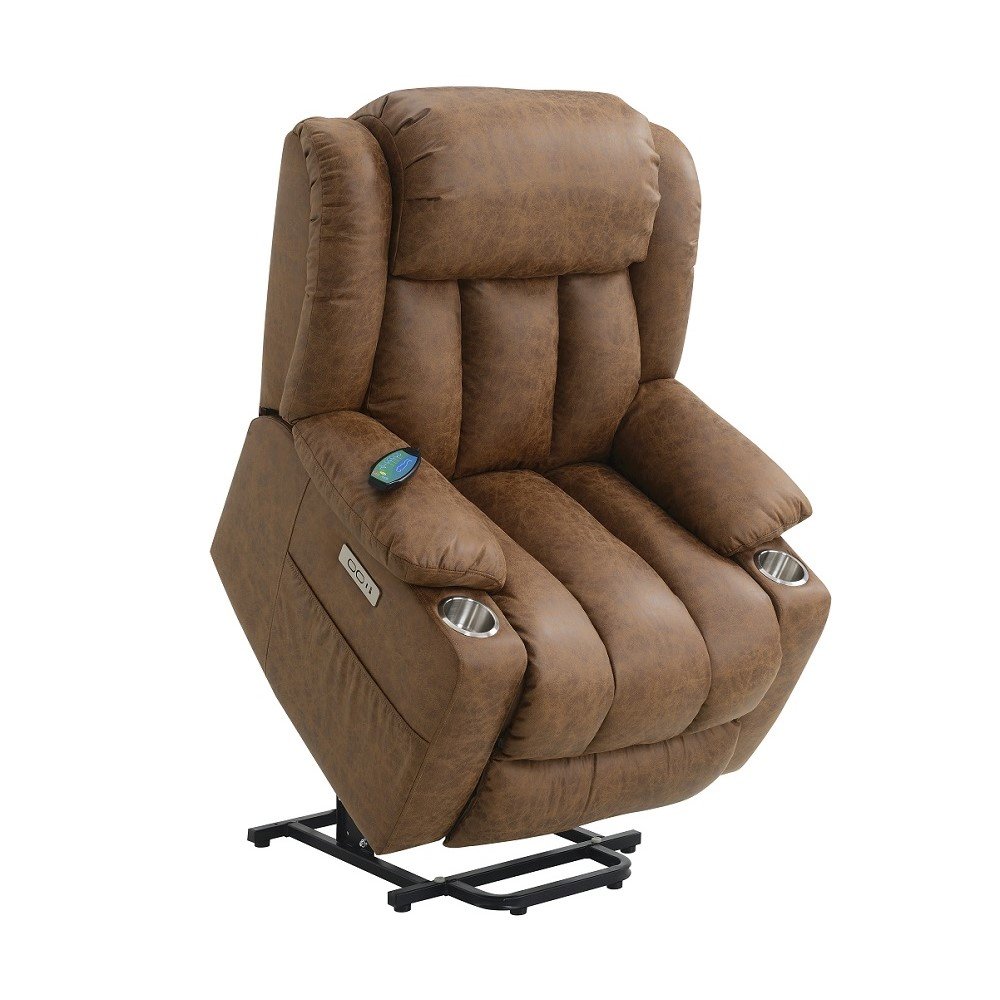 Omarion Power Recliner w/Lift, Heating & Massage Brown Polished Microfiber. Picture 9