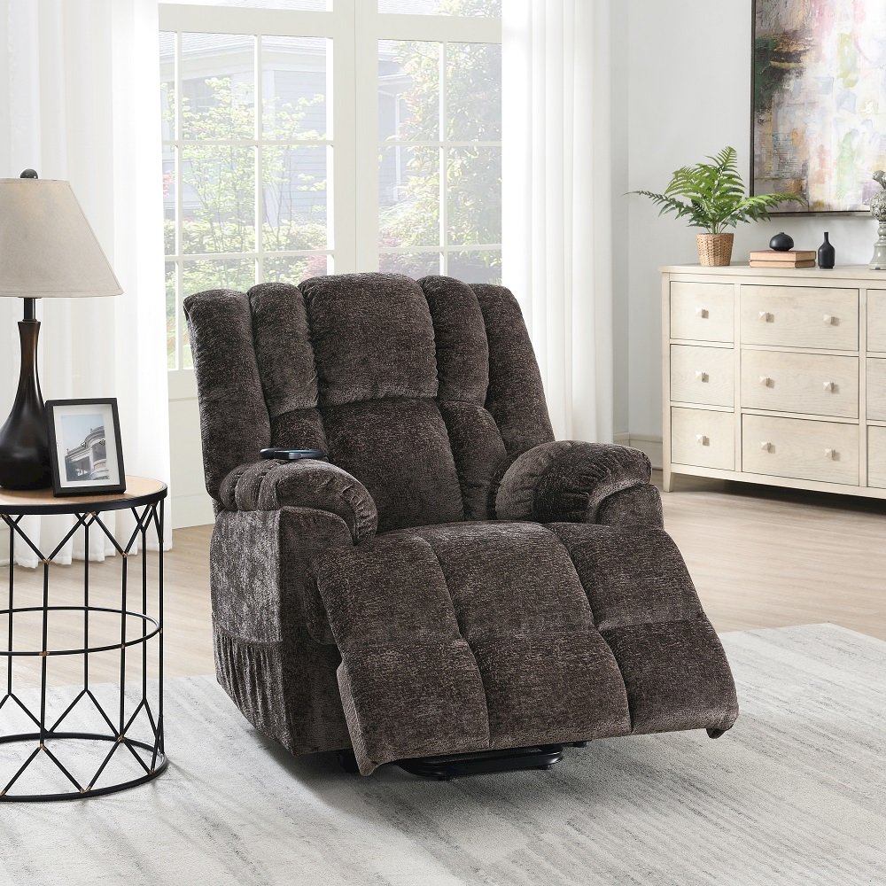 Pacay Power Recliner w/Lift, Heating & Massage Brown Chenille. Picture 1