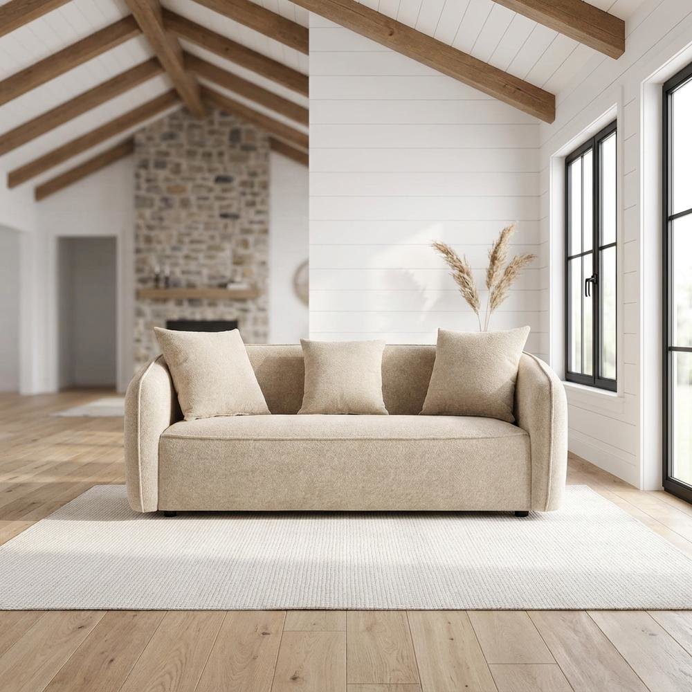 Chenille-Upholstered Contemporary Sofa with Accent Pillows, Beige. Picture 2