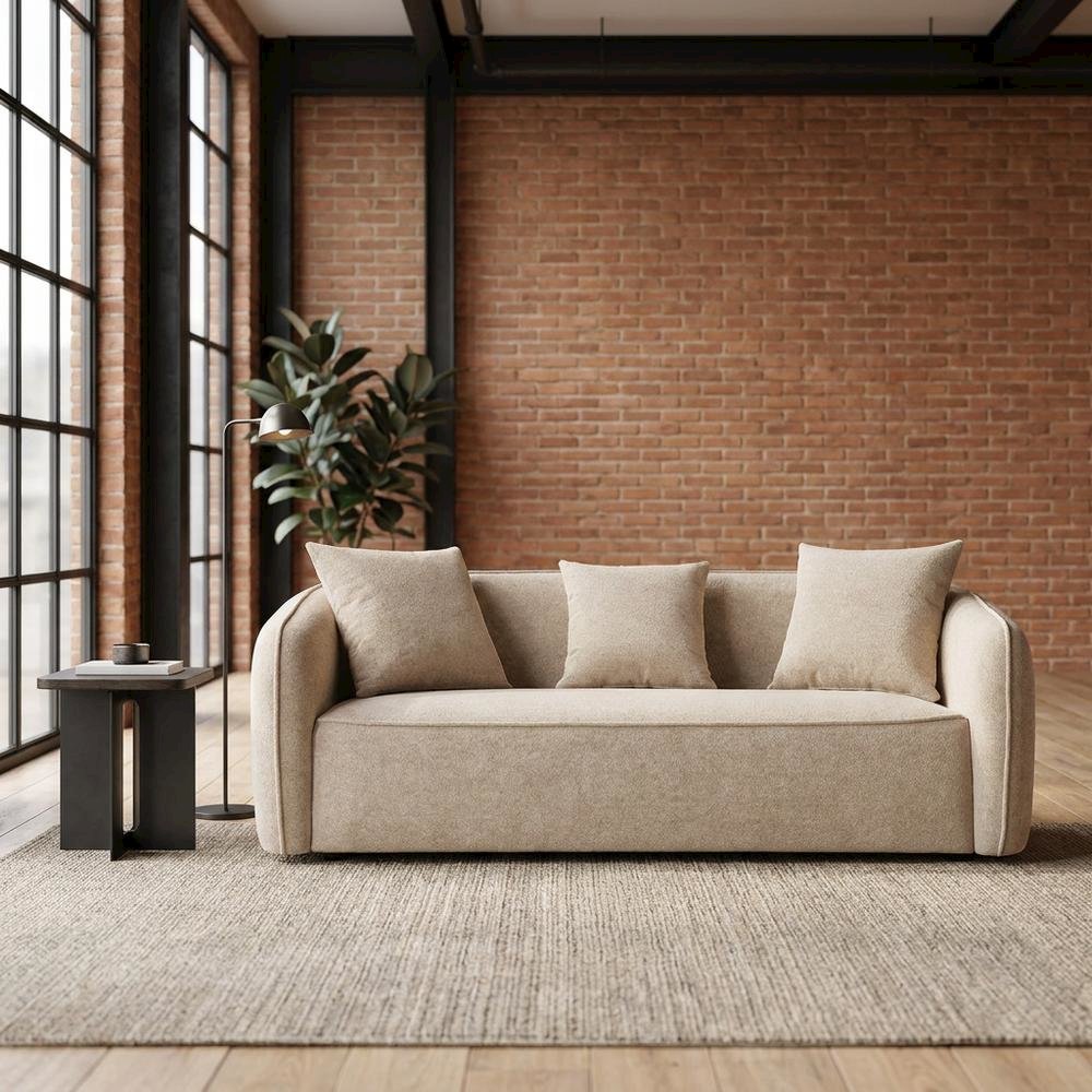 Chenille-Upholstered Contemporary Sofa with Accent Pillows, Beige. Picture 3