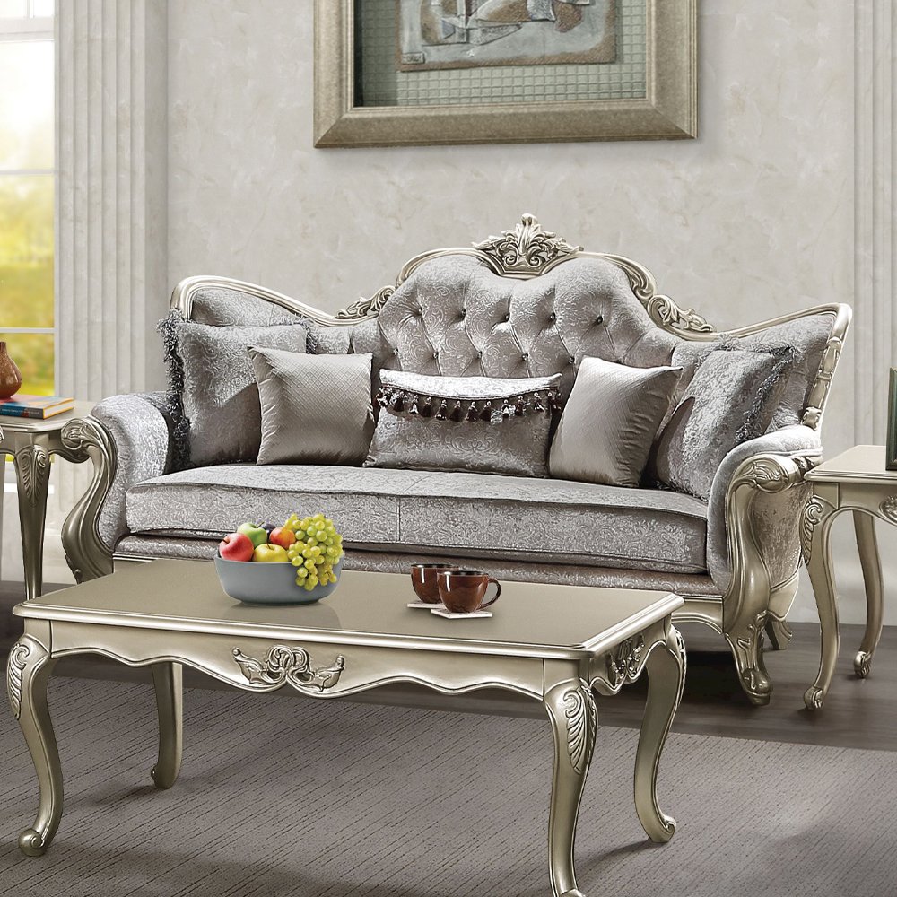 Libertee Sofa w/5 Pillows Beige Fabric & Champagne. Picture 6