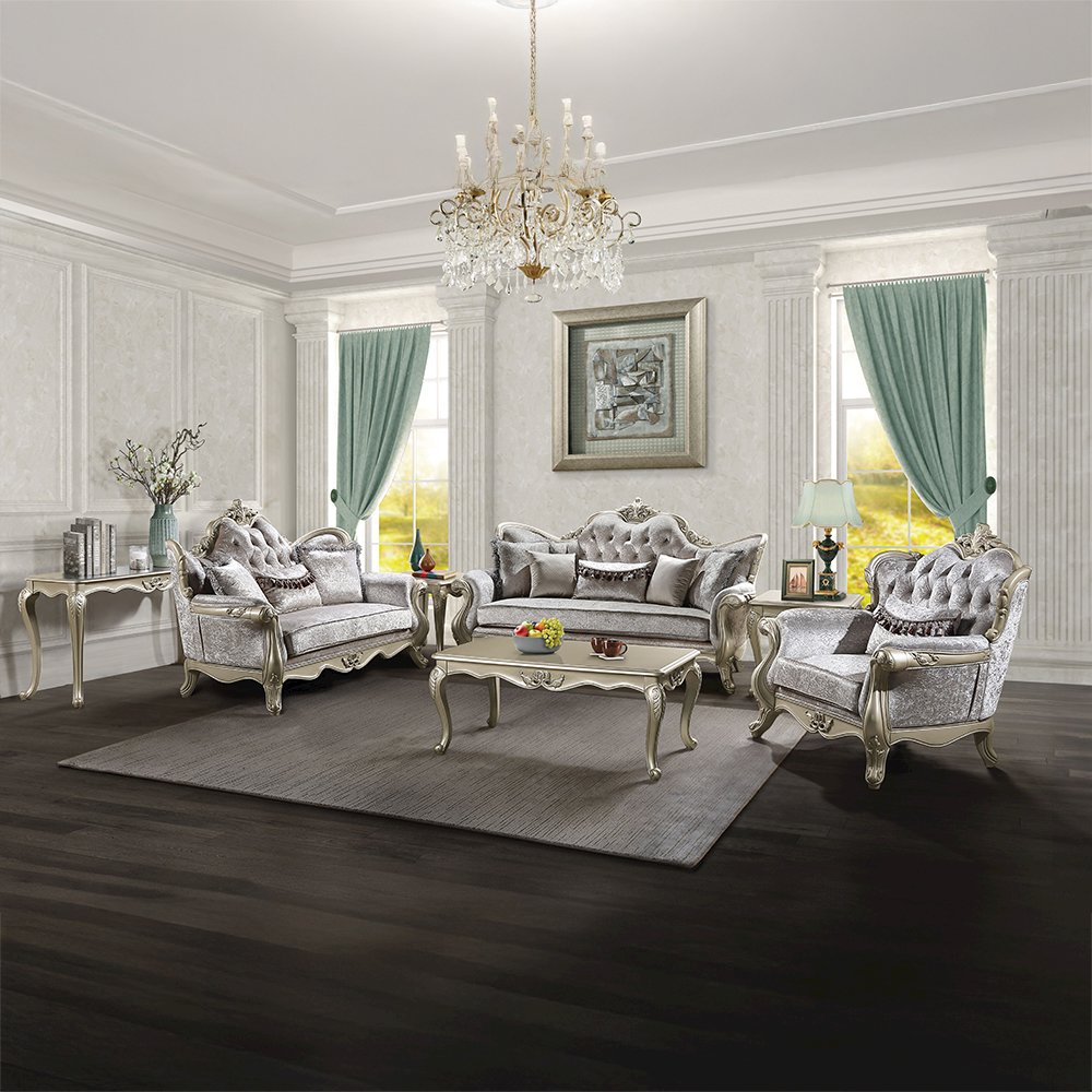 Libertee Sofa w/5 Pillows Beige Fabric & Champagne. Picture 9