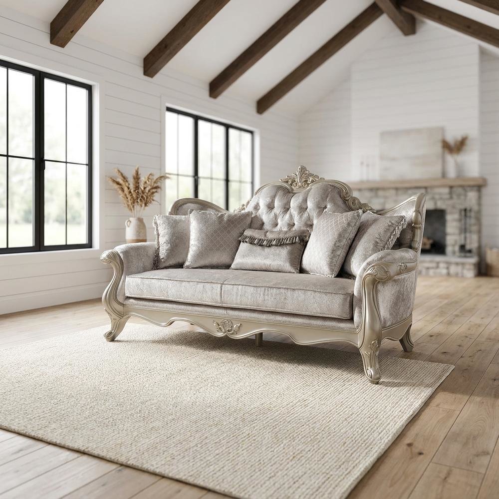 Fabric Sofa with Accent Pillows, Transitional Couch, Beige Fabric & Champagne. Picture 2