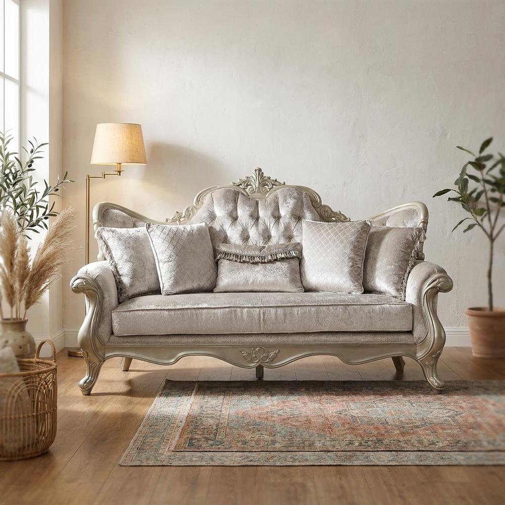 Fabric Sofa with Accent Pillows, Transitional Couch, Beige Fabric & Champagne. Picture 3