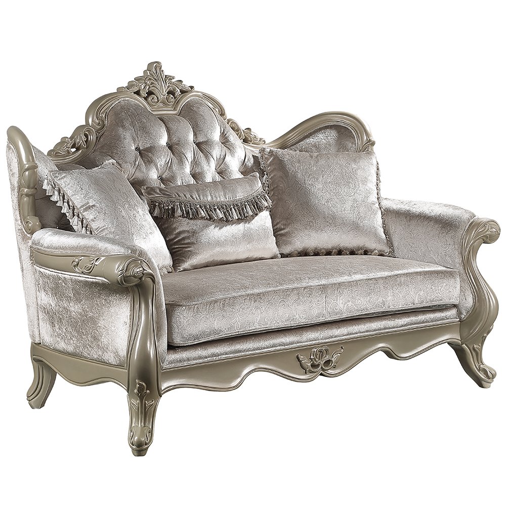 Libertee Loveseat w/3 Pillows Beige Fabric & Champagne. Picture 2