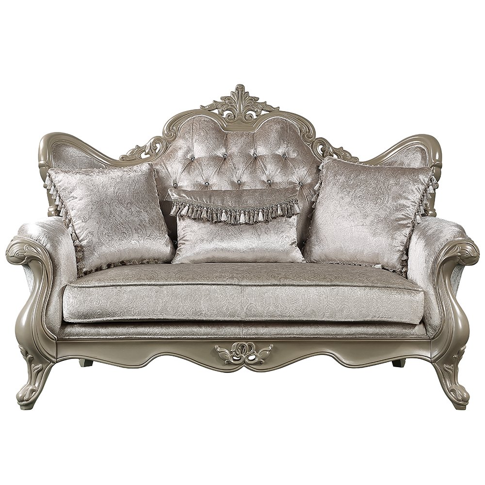 Libertee Loveseat w/3 Pillows Beige Fabric & Champagne. Picture 3