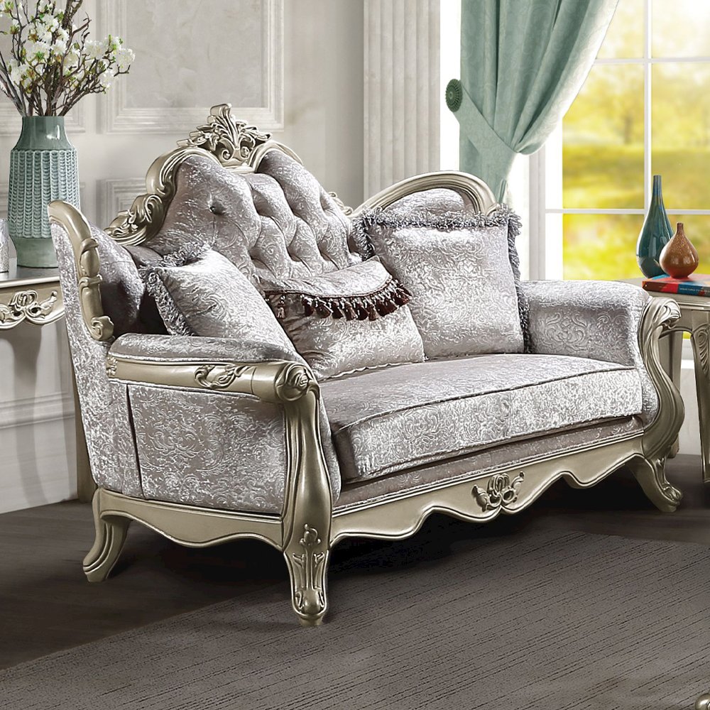Libertee Loveseat w/3 Pillows Beige Fabric & Champagne. Picture 6