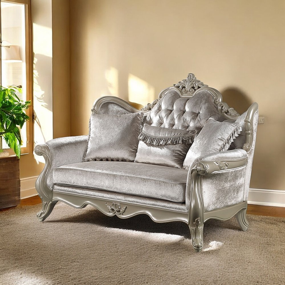 Libertee Loveseat w/3 Pillows Beige Fabric & Champagne. Picture 1