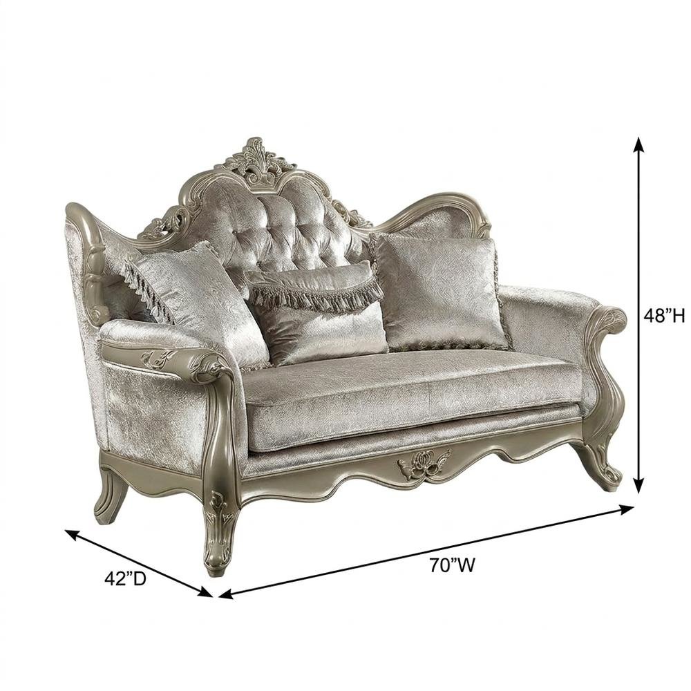 Fabric Small Loveseat Sofa with Throw Pillows, Beige Fabric & Champagne. Picture 5