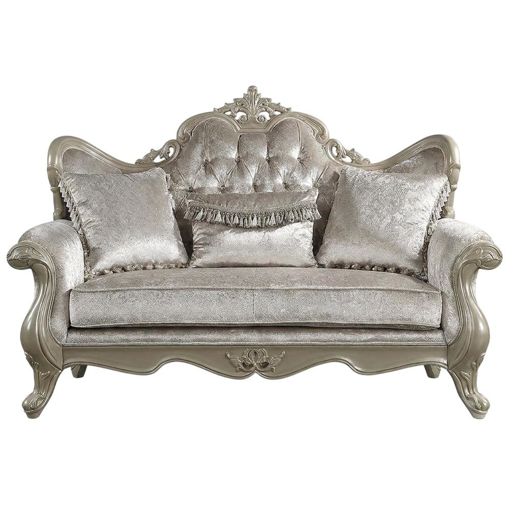 Fabric Small Loveseat Sofa with Throw Pillows, Beige Fabric & Champagne. Picture 1