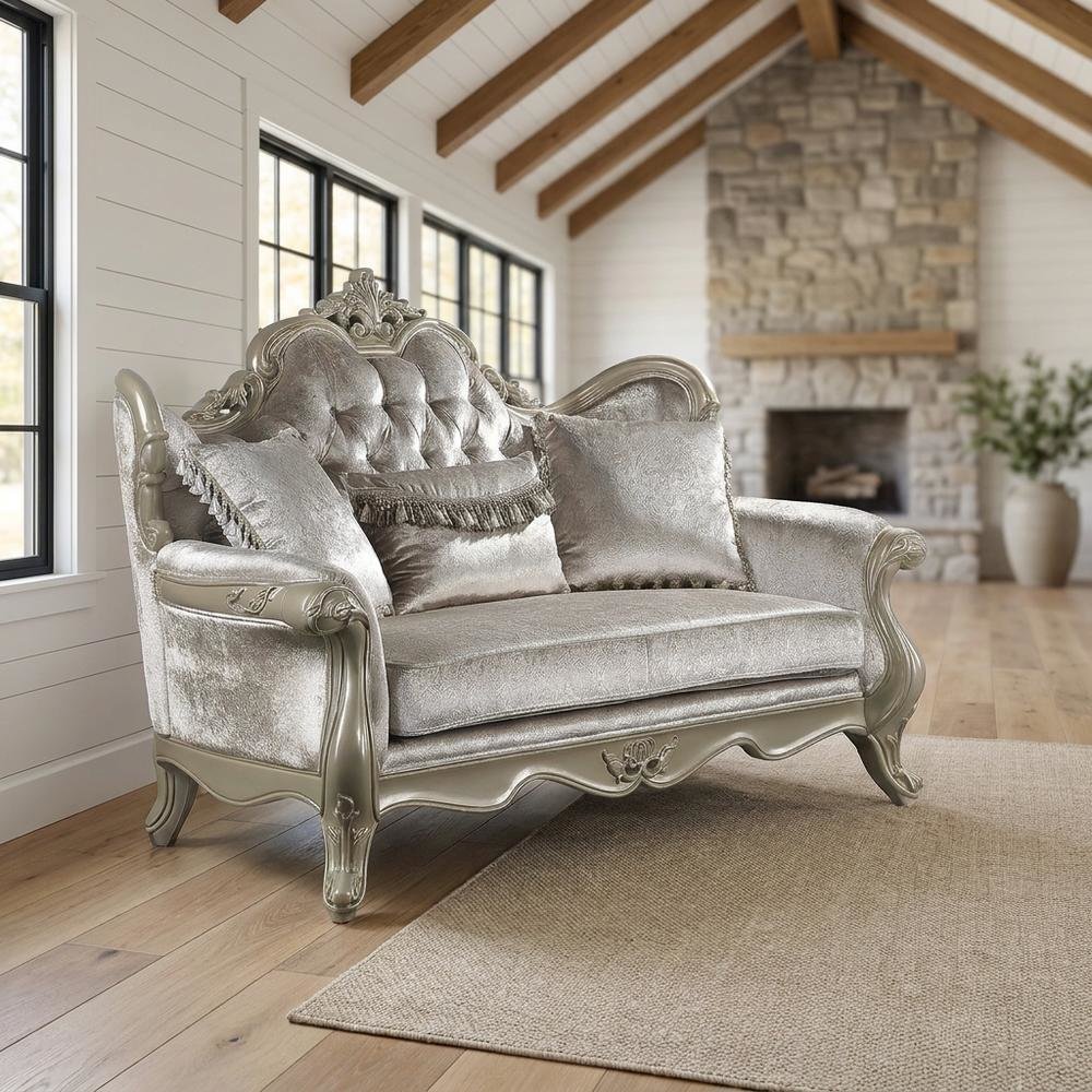 Fabric Small Loveseat Sofa with Throw Pillows, Beige Fabric & Champagne. Picture 2