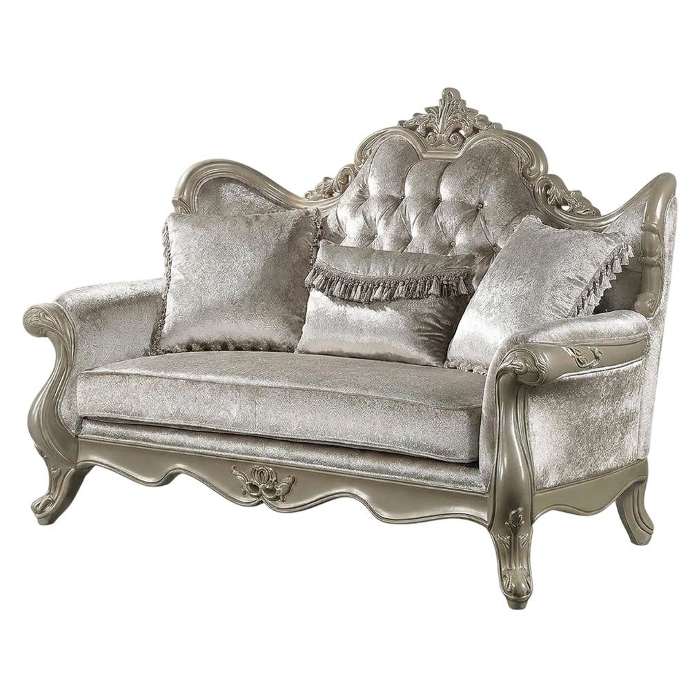 Fabric Small Loveseat Sofa with Throw Pillows, Beige Fabric & Champagne. Picture 4