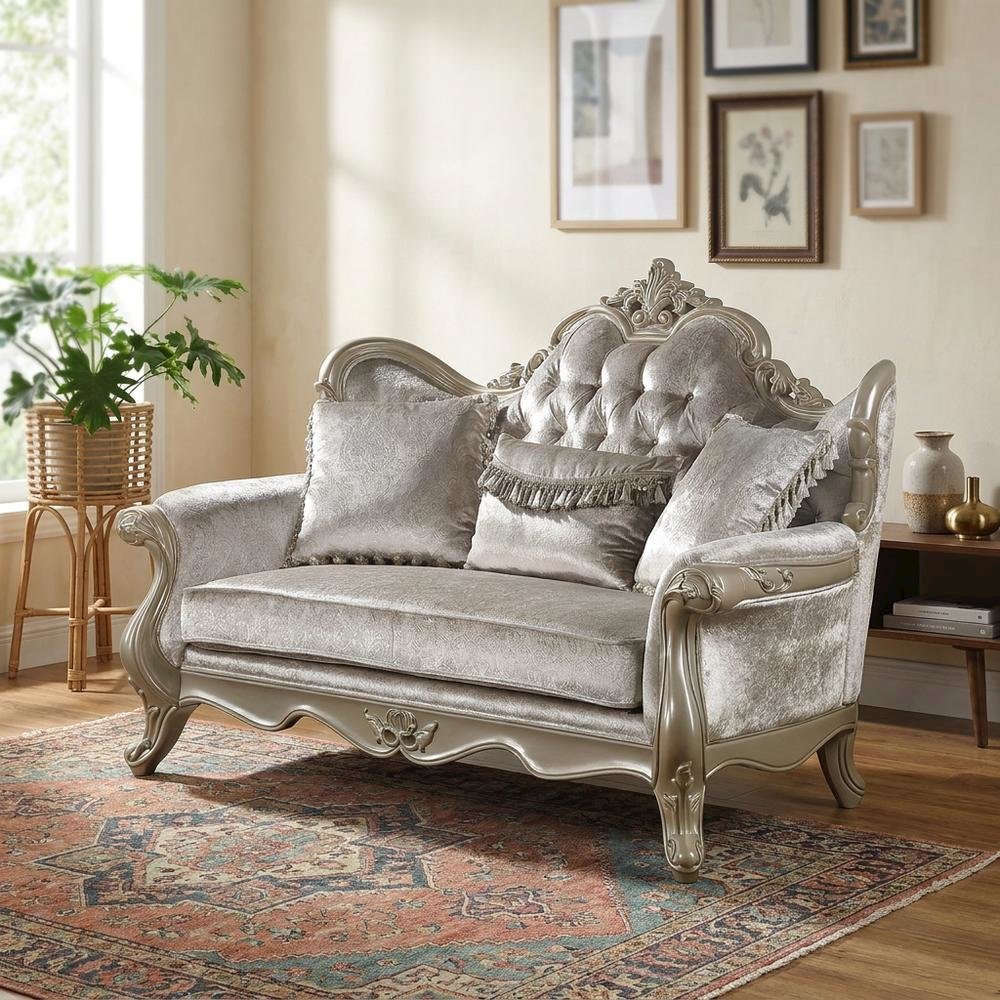 Fabric Small Loveseat Sofa with Throw Pillows, Beige Fabric & Champagne. Picture 3