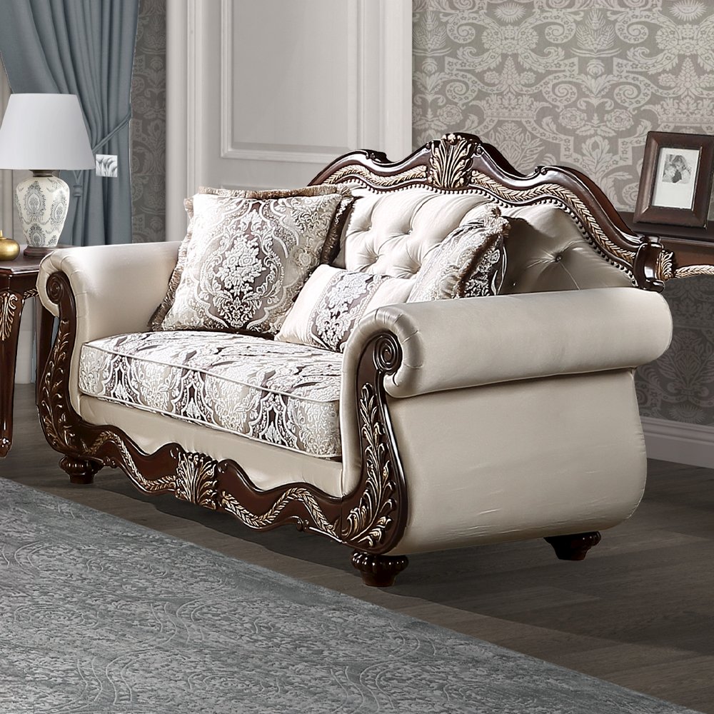 Pierce Loveseat w/3 Pillows Beige Fabric & Cherry. Picture 1