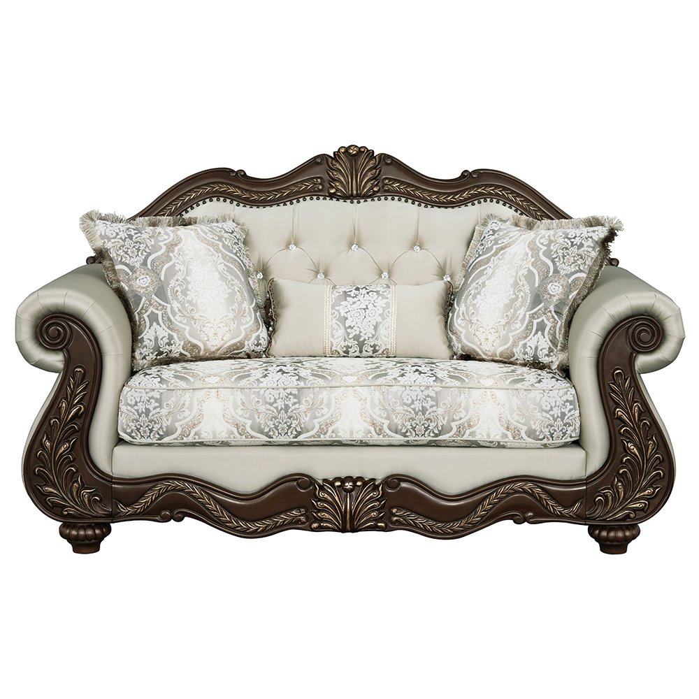 Pierce Loveseat w/3 Pillows Beige Fabric & Cherry. Picture 2