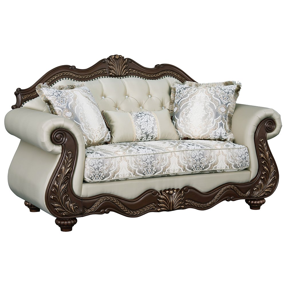 Pierce Loveseat w/3 Pillows Beige Fabric & Cherry. Picture 3