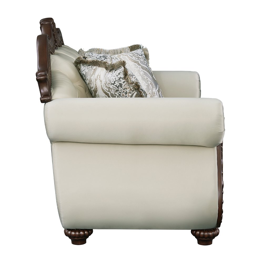 Pierce Loveseat w/3 Pillows Beige Fabric & Cherry. Picture 4