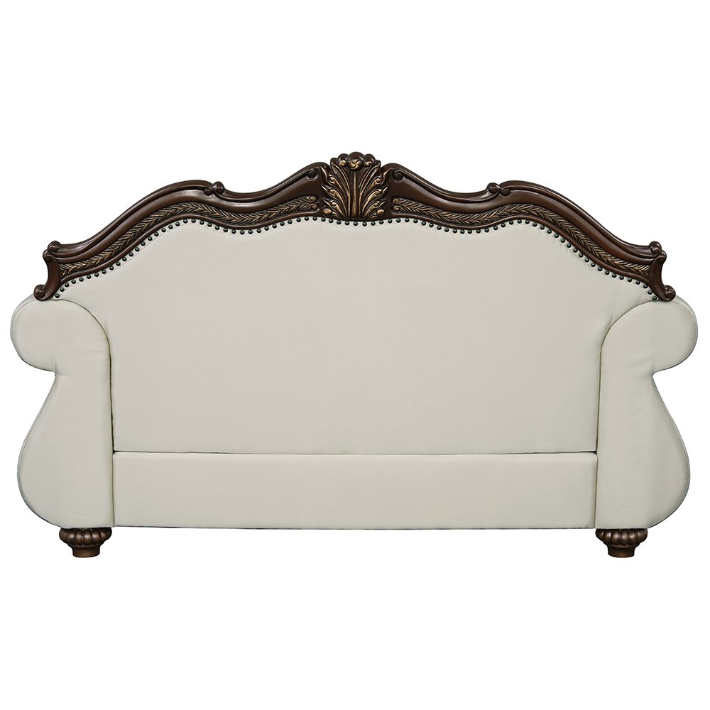 Pierce Loveseat w/3 Pillows Beige Fabric & Cherry. Picture 5