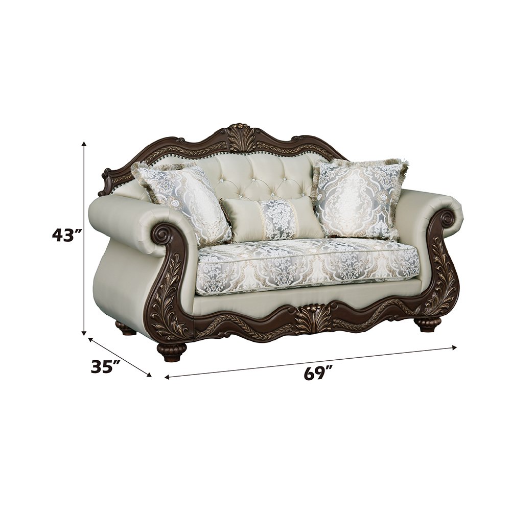 Pierce Loveseat w/3 Pillows Beige Fabric & Cherry. Picture 7