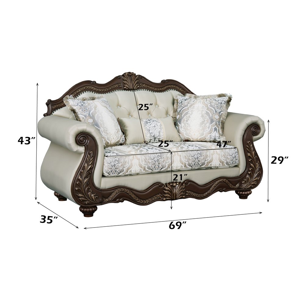 Pierce Loveseat w/3 Pillows Beige Fabric & Cherry. Picture 8