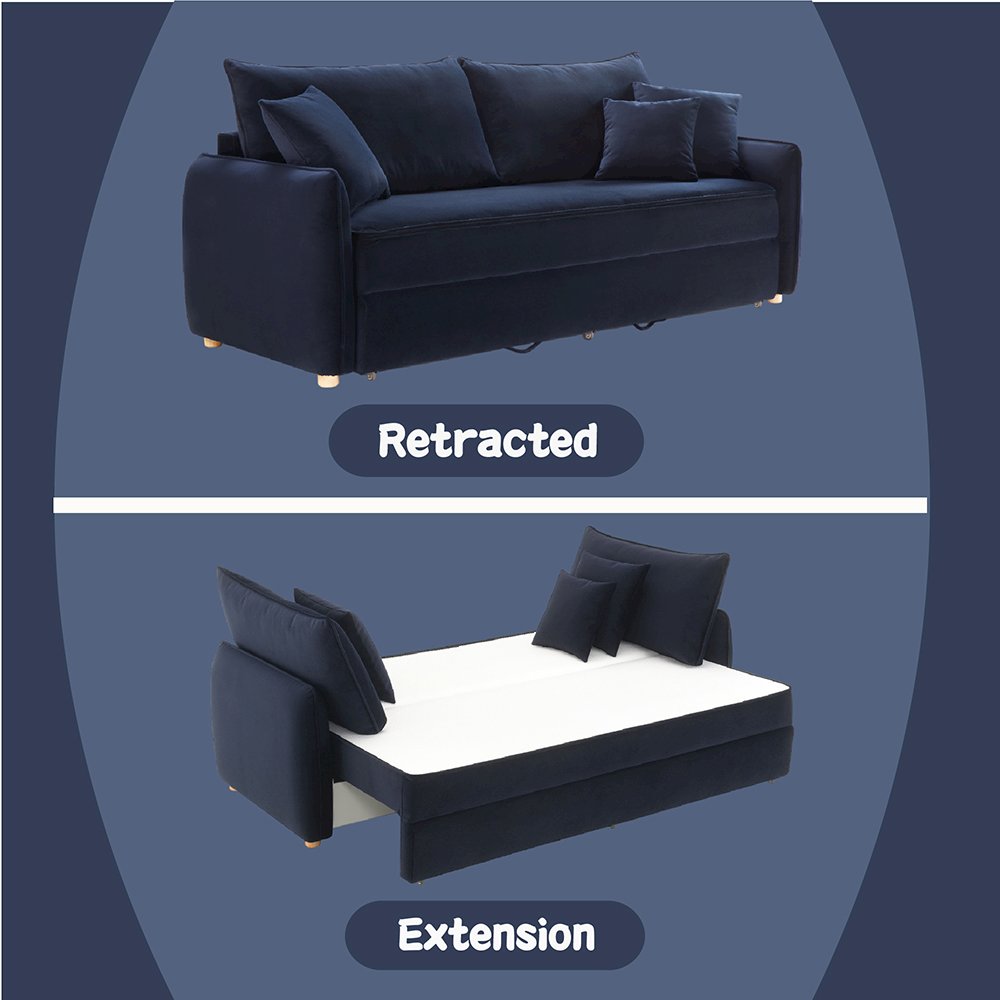 Irina Sofa w/Sleeper & 3 Pillows Blue Velvet. Picture 9