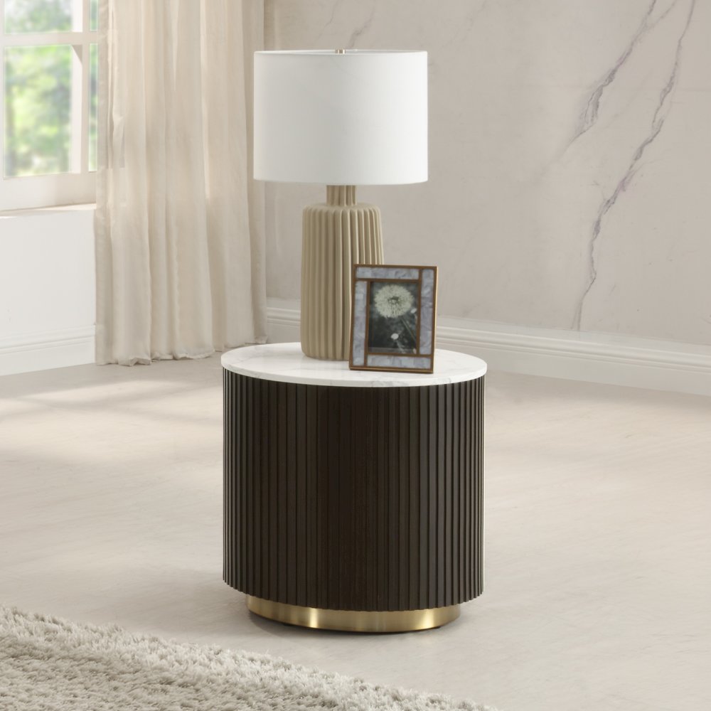 Clayten End Table White Engineering Marble Top & Espresso. Picture 1