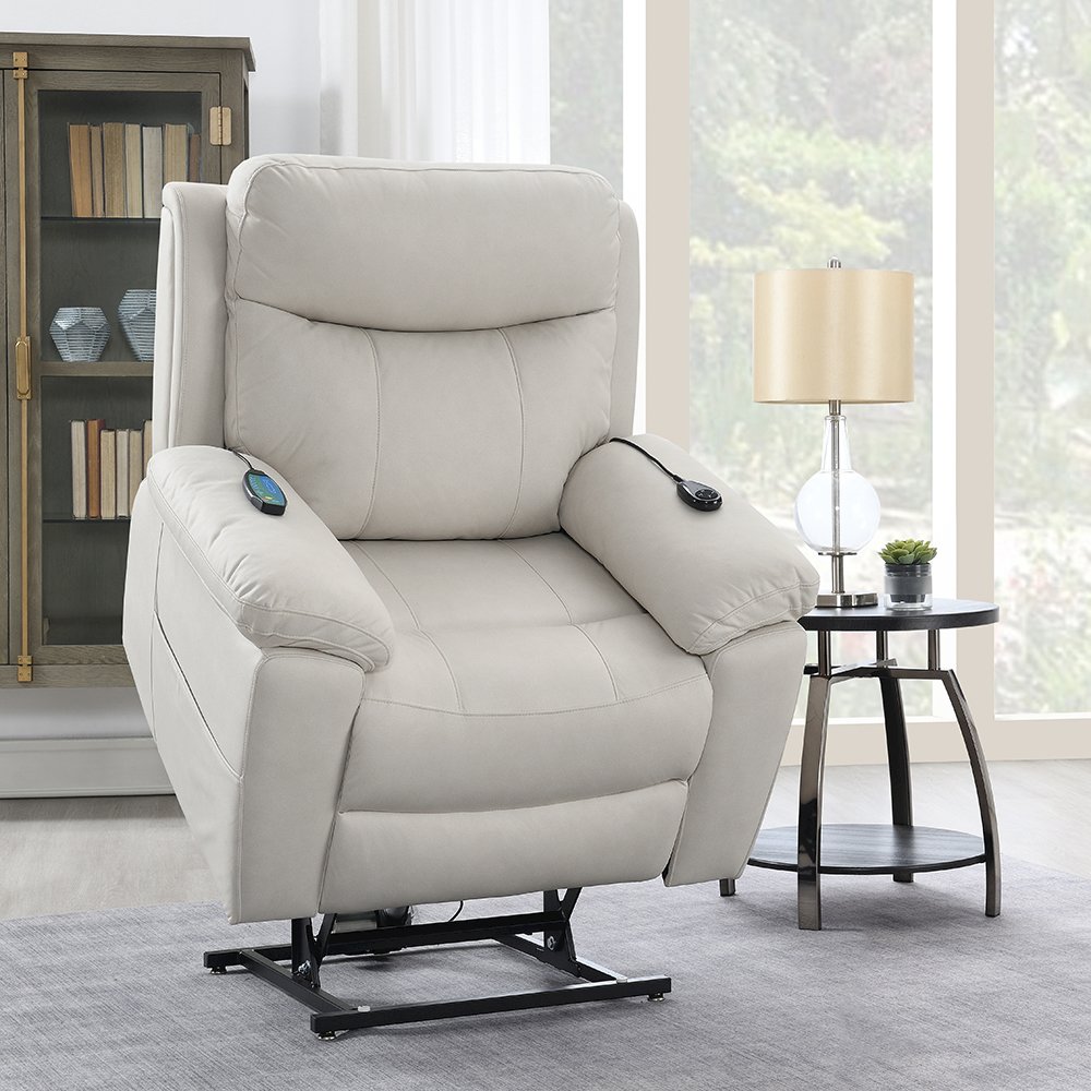Chriki Power Recliner w/Lift & Heating & Massage Beige Polished Microfiber. Picture 6