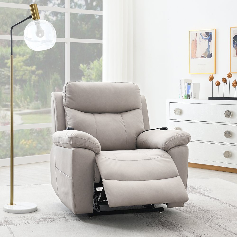 Chriki Power Recliner w/Lift & Heating & Massage Light Gray Polished Microfiber. Picture 1
