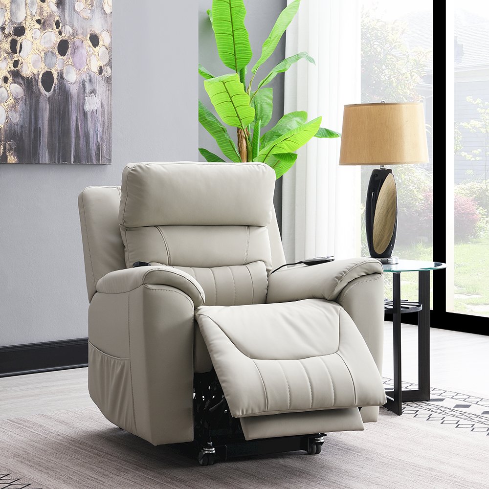 Marsha Power Recliner w/Lift & Massage Light Gray Silicone Synthetic Leather. Picture 1