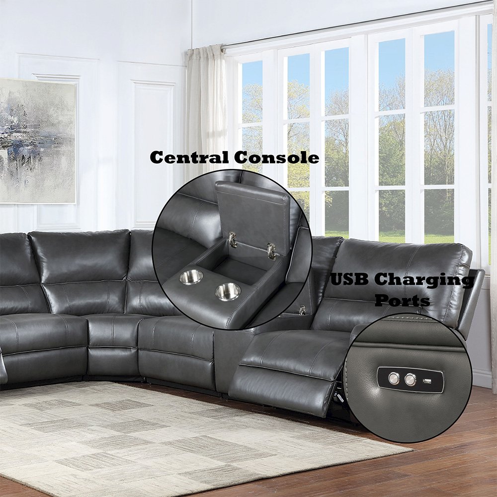 Saul Power Motion Sectional Sofa Gray Leather Aire. Picture 6