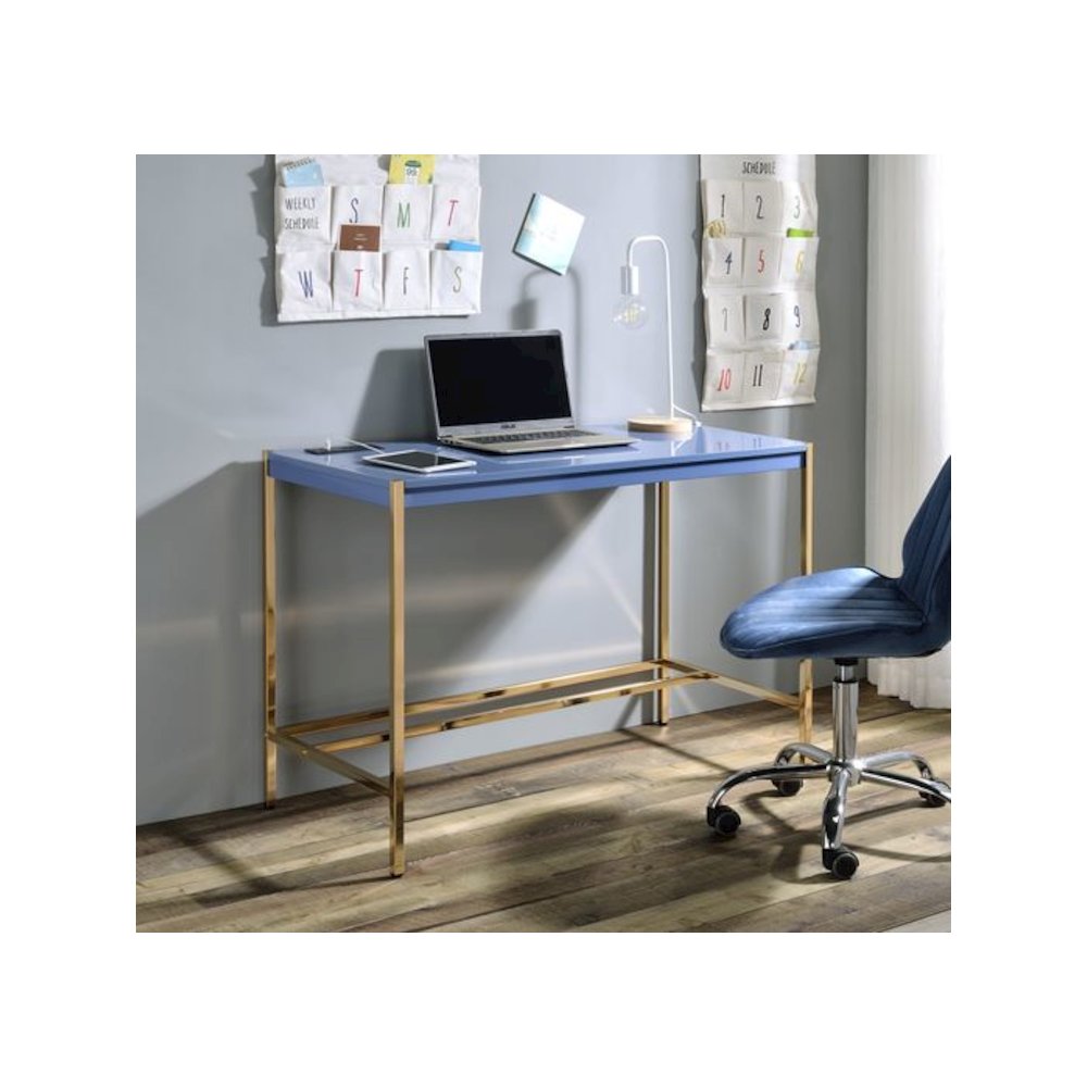 Midriaks Writing Desk w/USB Port Navy Blue & Gold. Picture 1