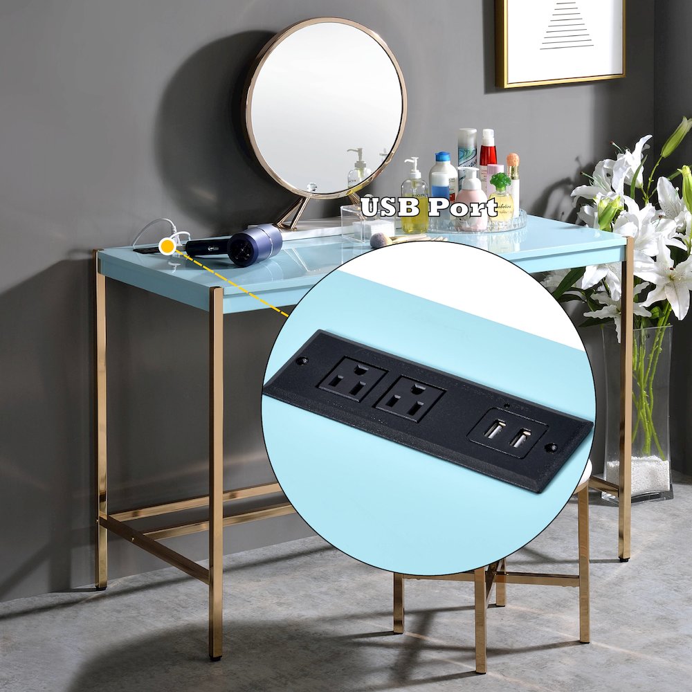 Midriaks Writing Desk w/USB Port Baby Blue & Gold. Picture 9