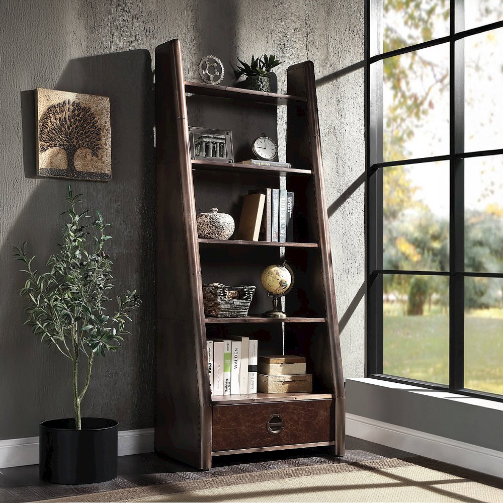 Brancaster Bookcase Bronze Aluminium & Morrocco Top Grain Leather. Picture 1