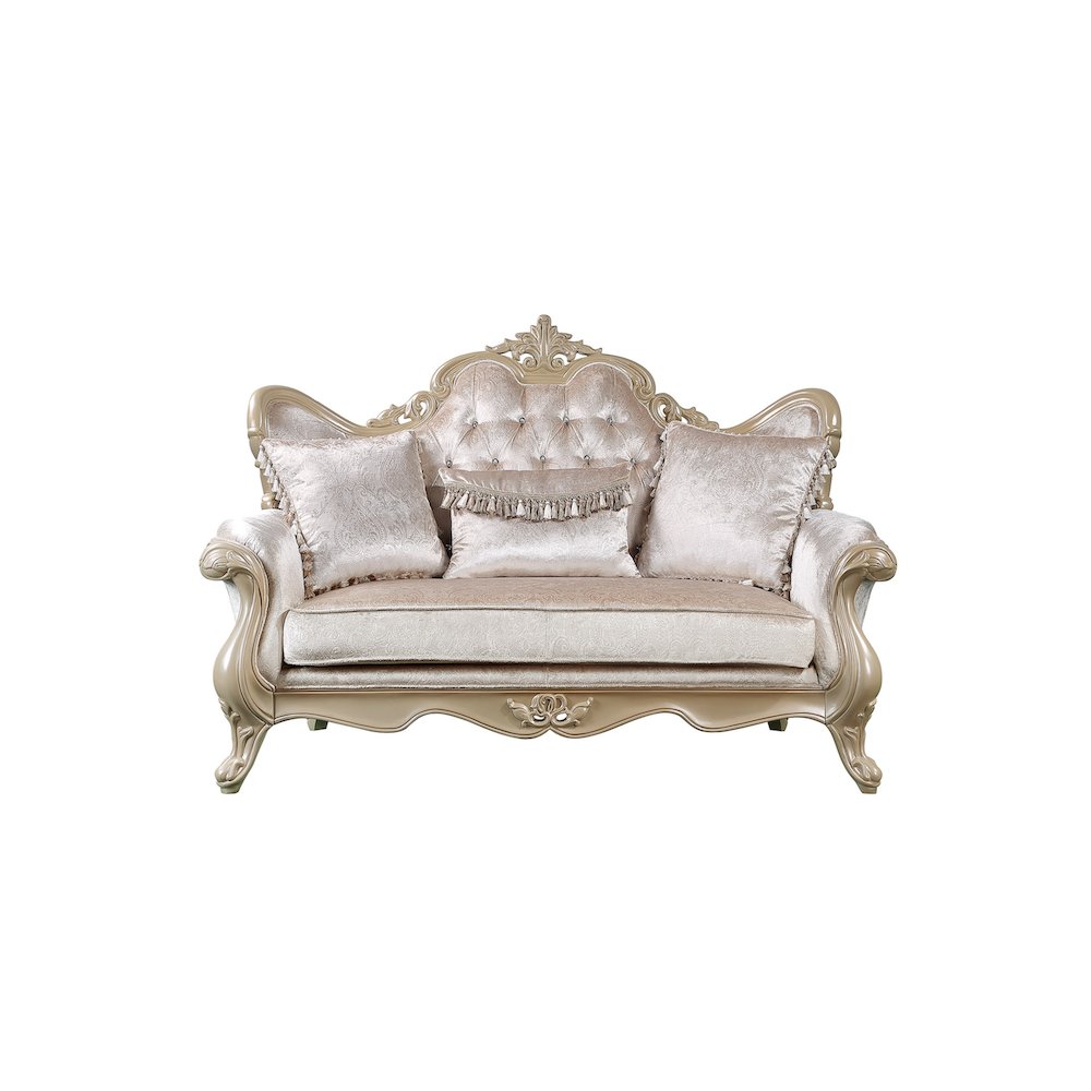 Libertee Loveseat w/3 Pillows in Beige Fabric & Champagne Finish. Picture 2