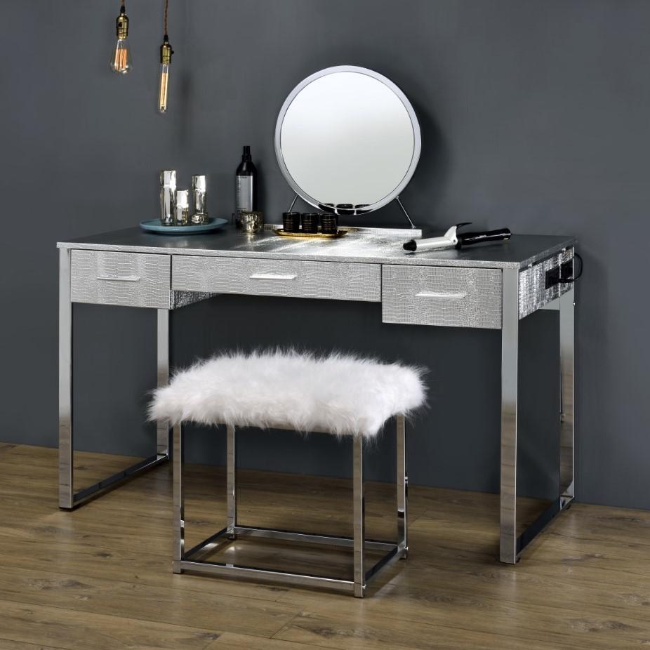 ACME Myles Vanity Set w/USB Port, Antique White & Chrome Finish. Picture 1