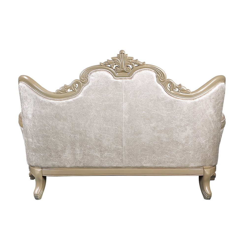 Libertee Loveseat w/3 Pillows in Beige Fabric & Champagne Finish. Picture 3