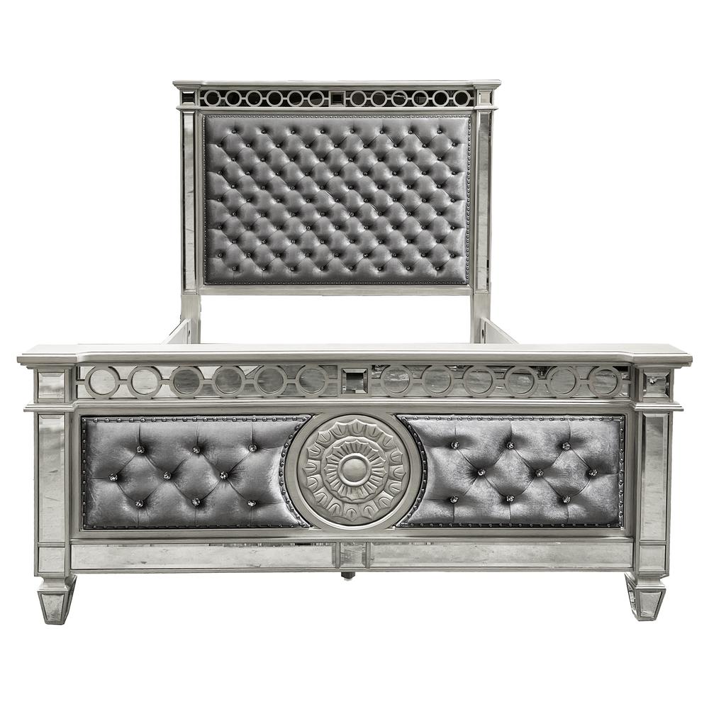 Varian Queen Bed, Gray Fabric & Mirrored. Picture 1