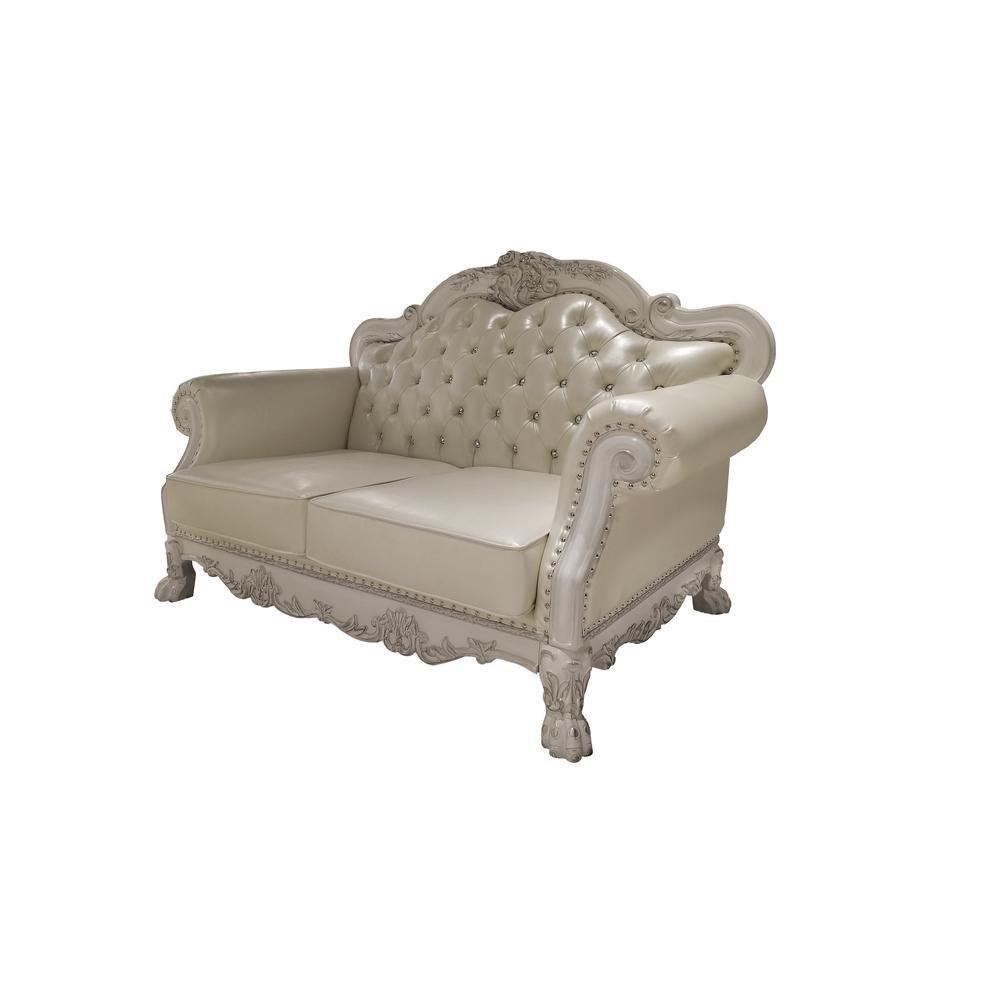 Furniture Dresden Upholstered Faux Leather Loveseat with 3 Pillows in White. Picture 1