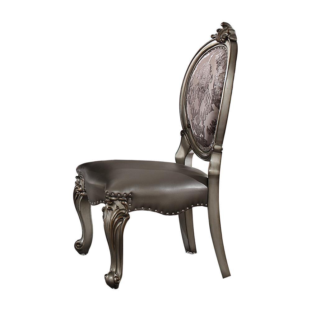 Versailles Side Chair (Set-2) Silver Synthetic Leather & Antique Platinum. Picture 1