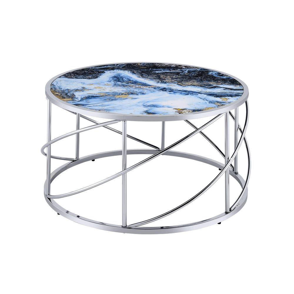 Lyda Coffee Table, Blue Marble Print & Chrome Finish. Picture 1
