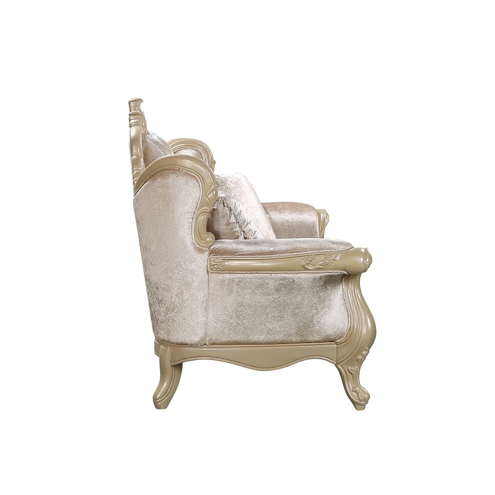 Libertee Loveseat w/3 Pillows in Beige Fabric & Champagne Finish. Picture 4