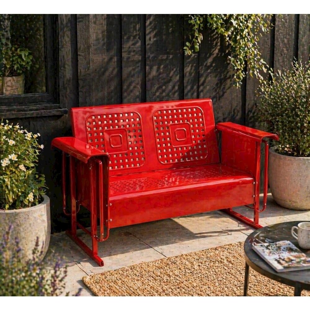 Red outdoor loveseat glider with anti-tip mechanism and comfortable seating. Picture 3