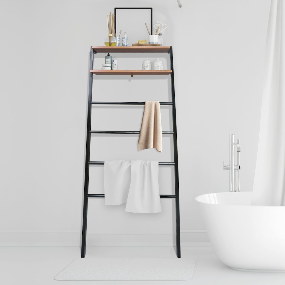 Solid Wood 6-Tier Blanket Ladder with Two Storage Shelves - Black/Sweet Oak. Picture 6