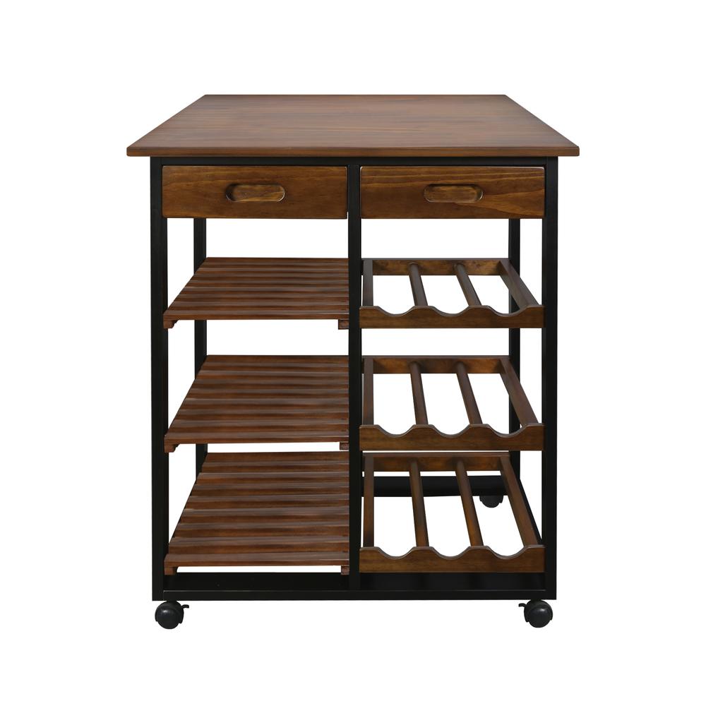 Solid Wood 28" Wide Rolling Kitchen Island Trolley with Wine Rack and Drawer. Picture 1