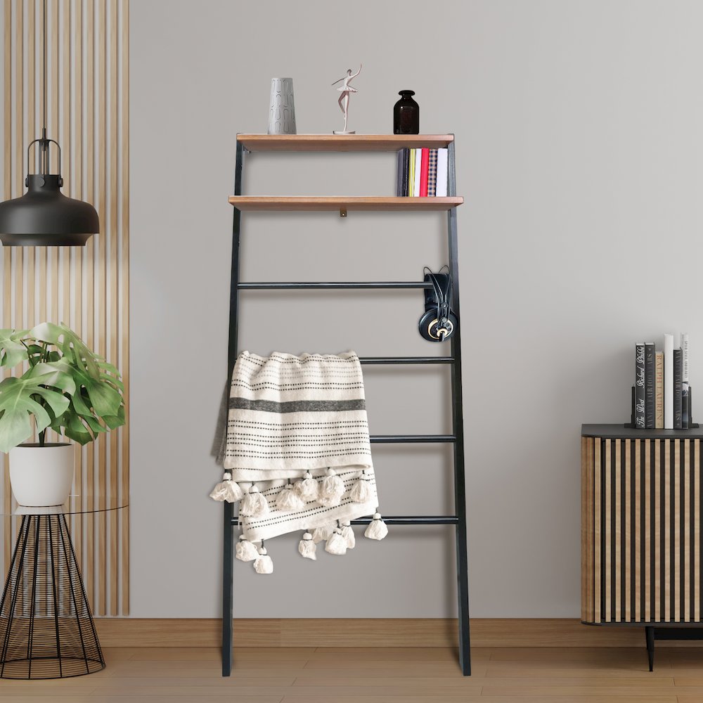 Solid Wood 6-Tier Blanket Ladder with Two Storage Shelves - Black/Sweet Oak. Picture 7