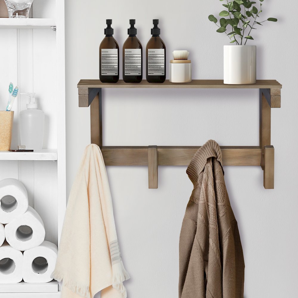 100% Solid American Hardwood Floating Wall Mounted Hook with Shelf - Autumn Gray. Picture 6