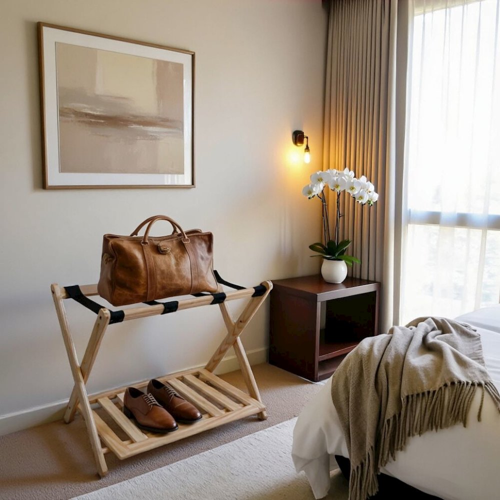 Natural Wooden Suitcase Stand with Shelf, Luggage Rack for Guest Room. Picture 2