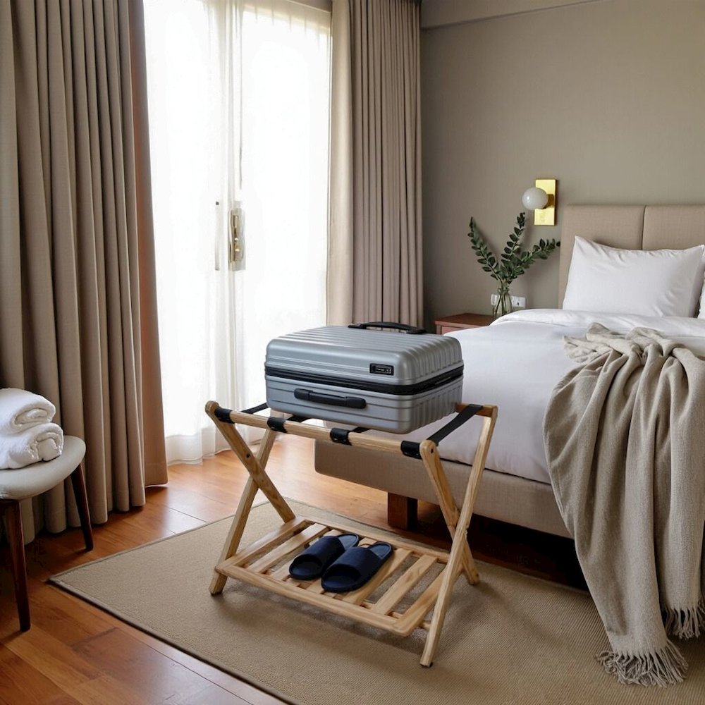 Natural Wooden Suitcase Stand with Shelf, Luggage Rack for Guest Room. Picture 3