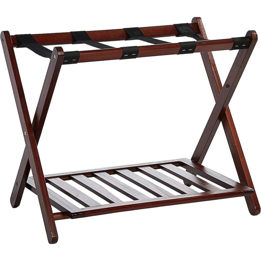 Walnut Wooden Suitcase Stand with Shelf, Luggage Rack for Guest Room. Picture 1