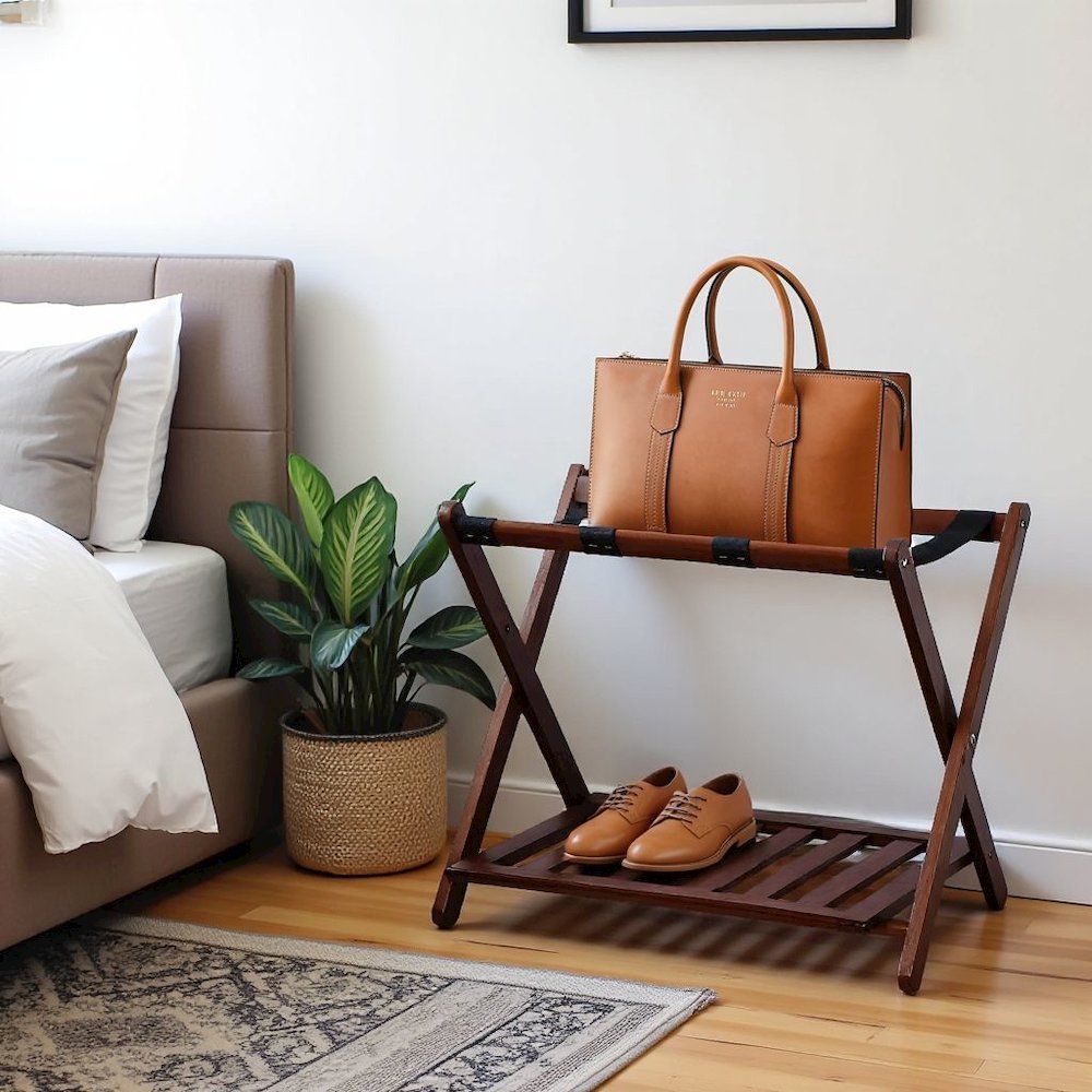Walnut Wooden Suitcase Stand with Shelf, Luggage Rack for Guest Room. Picture 3